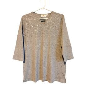 NWOT Quacker Factory Spring Beauty Sequin Ribbed 3/4 Sleeve Top Gray Medium
